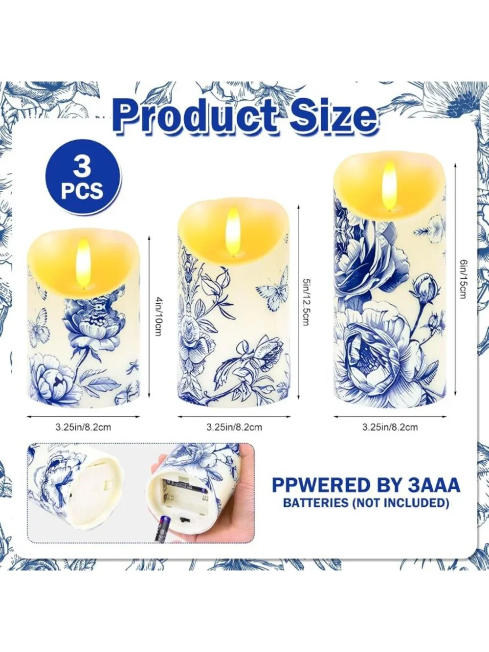 Set of 3 Blue & White Flameless Candles - Chinoiserie Floral Decor with Remote